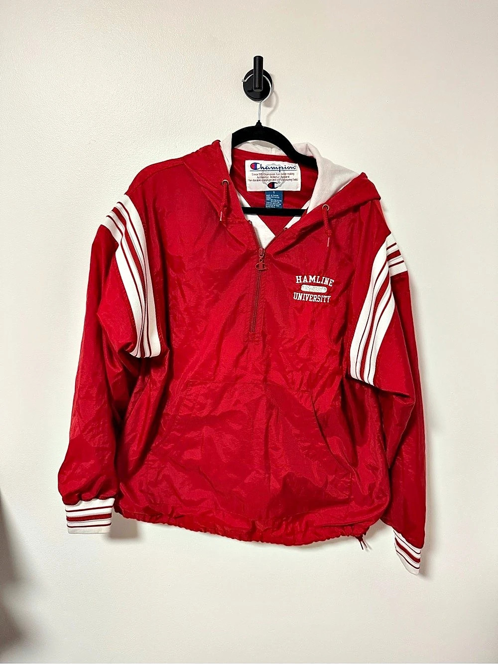 Champion Hamline University Vintage Nylon Anorak Windbreaker Red & White Large